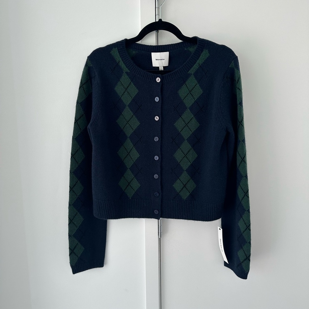 Reformation Navy and Green Argyle Cardigan